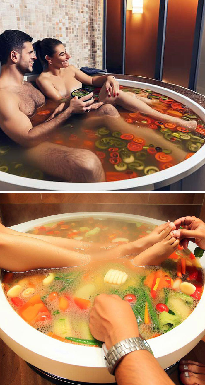 "AI art fail depicts couple in a vegetable soup-themed hot tub, mixing humor with surreal horror elements."
