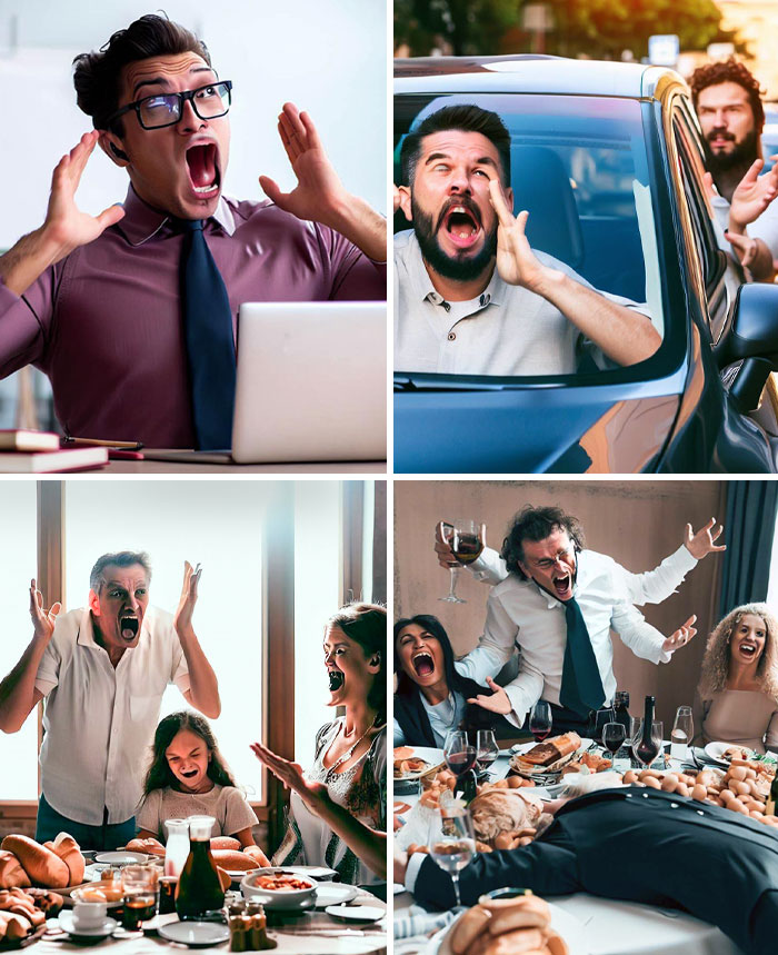 People yelling in various chaotic settings, showcasing AI art fails with exaggerated expressions and humorous scenes.