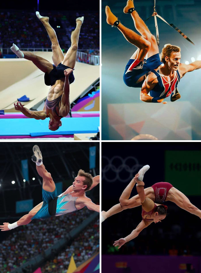 Gymnasts in unusual poses during a performance, showcasing an AI art fail with hilarious and bizarre results.