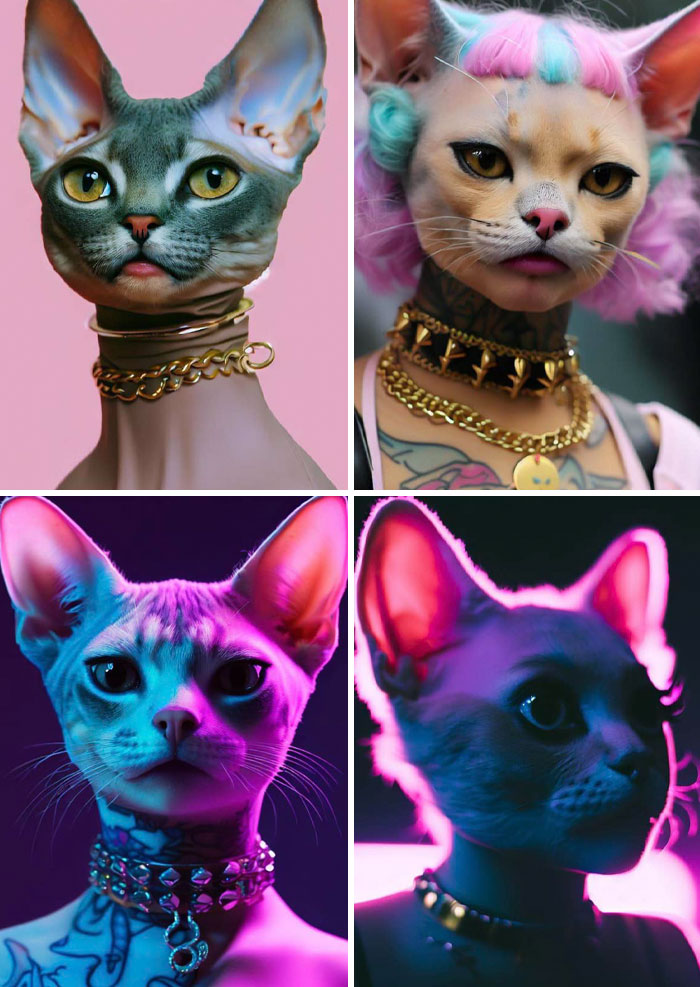 AI-generated cats with human expressions and accessories, showcasing an amusing AI art fail.