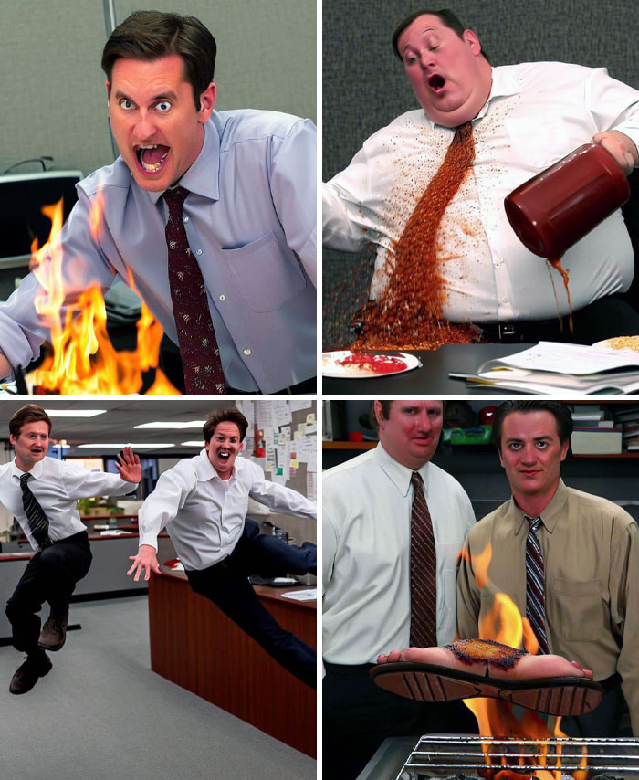 Office workers in chaotic AI art fail scenes, with fire and spills, creating a humorous and bizarre atmosphere.