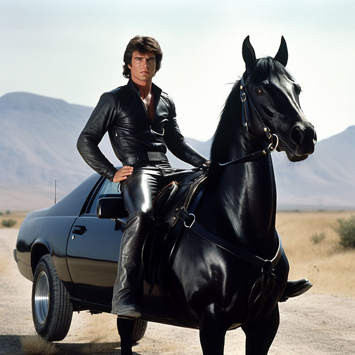 Man in leather on a black horse, parked oddly near a car on a desert road, illustrating an AI art fail.