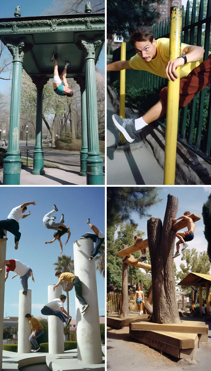 People attempting parkour on poles and trees, showcasing AI art fails with both humorous and bizarre results.