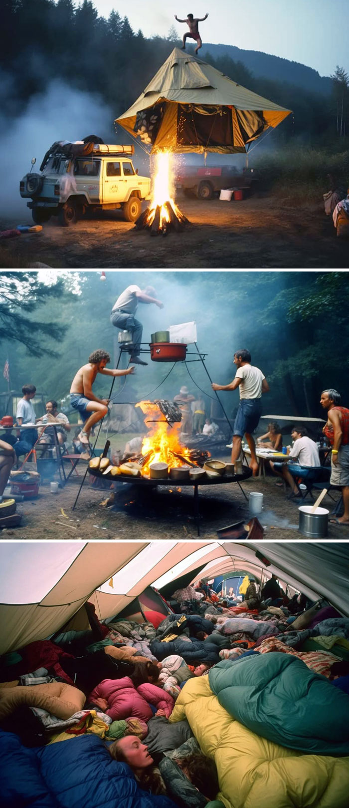 Three surreal AI-generated camping scenes with bizarre setups, capturing both horrifying and hilarious moments.