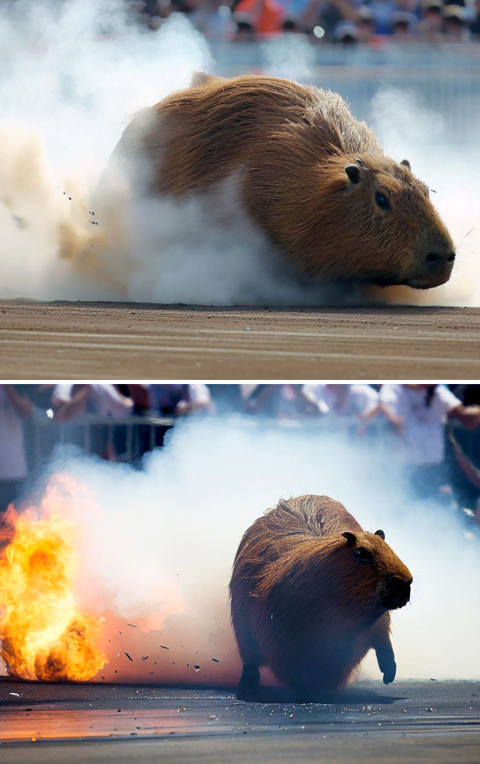 Capybara AI art fail amid smoke and explosions on a racetrack.