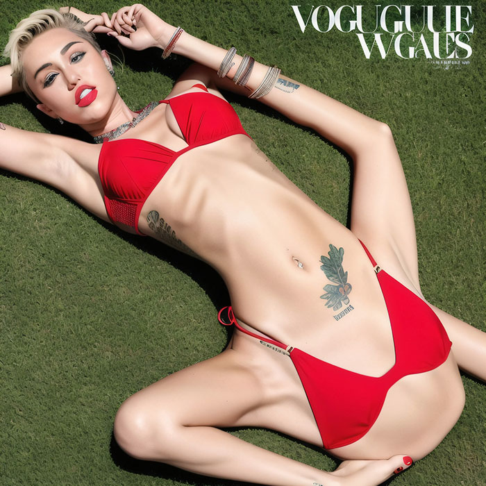 Fashion model in a red bikini on grass, showcasing AI art fail with distorted text in the corner.