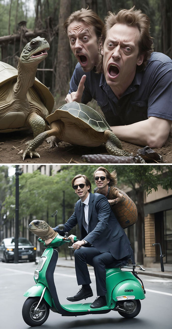 Two men with turtle heads, one excited in a forest and one riding a green scooter in the city, showcasing AI art fails.
