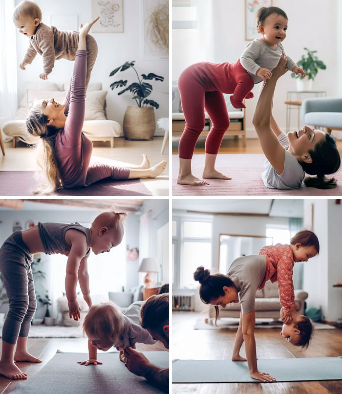 Mothers and babies doing playful yoga poses together, showcasing AI-generated art fails in amusing scenarios.