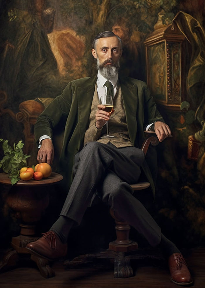 Man in vintage attire holding a glass, sitting with fruits beside him, illustrating an AI art fail.