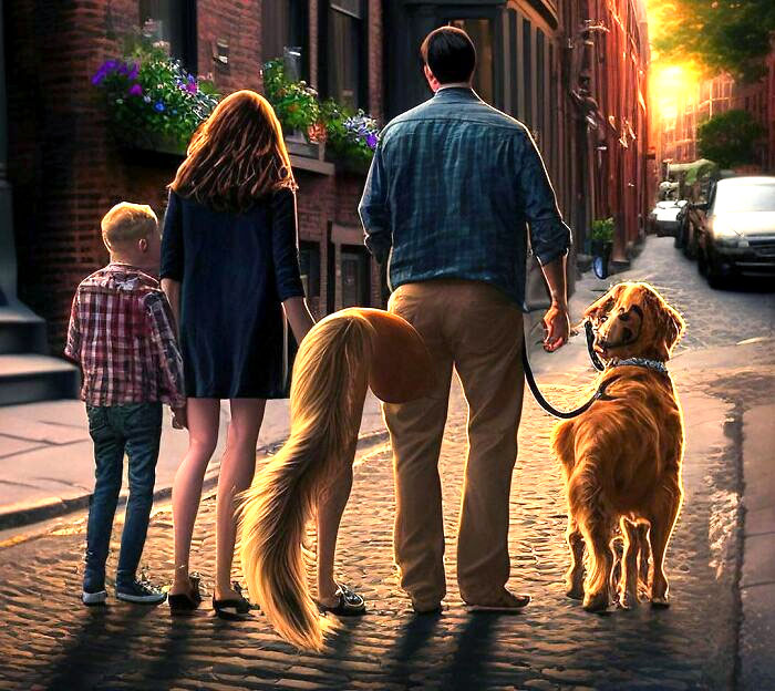 Family walks on cobblestone street with AI art fail of dog having extra tail, creating a funny and bizarre scene.