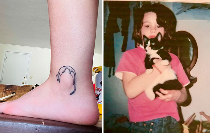 Ankle tattoo of a minimalist cat design, next to an image of a child holding a black and white cat.