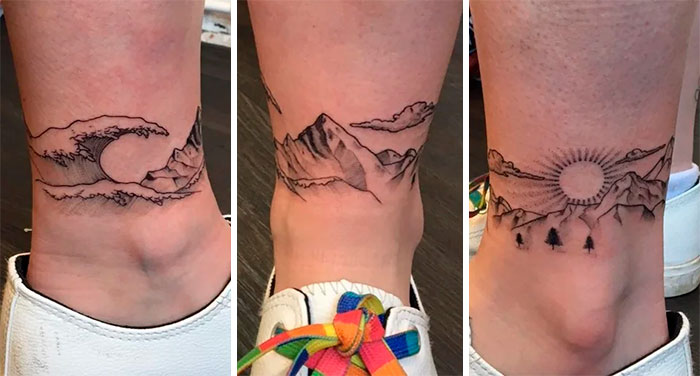 Ankle tattoos featuring wave, mountain, and sun designs, showcasing diverse inspirations.