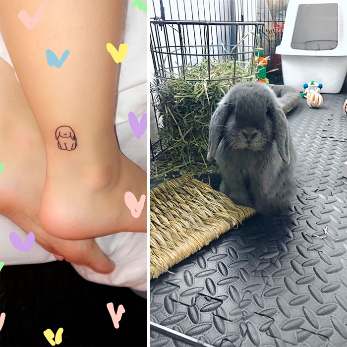 Ankle tattoo of a cute bunny with a rabbit in a playpen nearby.