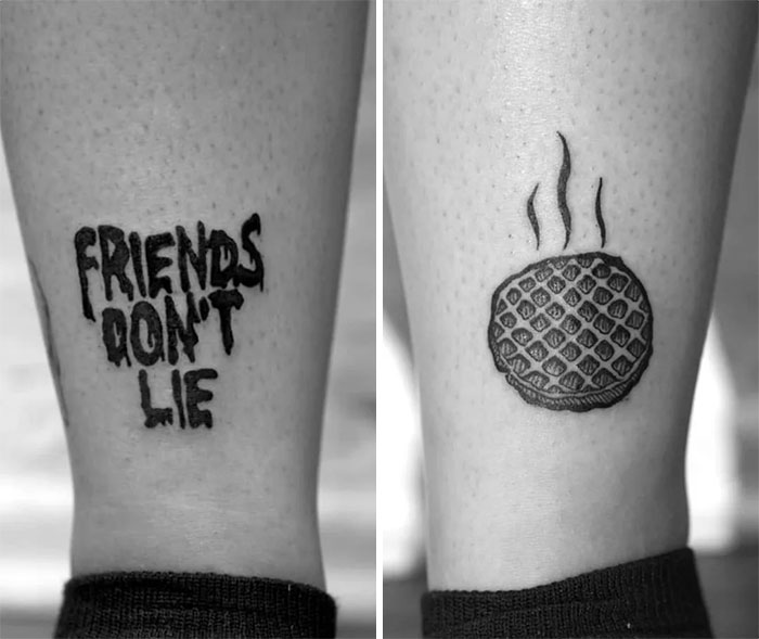 Ankle tattoos with "Friends Don't Lie" text and waffle design, showcasing unique tattoo inspirations.