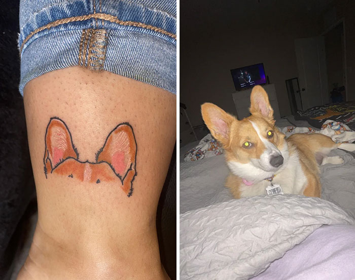 Ankle tattoo of dog's ears alongside a similar looking dog on a bed.