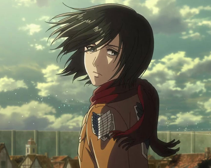 Mikasa Ackerman wearing brown jacket and red scarf
