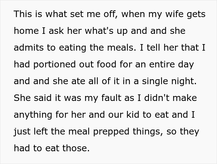 Guy Refuses To Ever Cook For His Wife After She Ate 3 Of His Meal Preps In A Single Night Guy Refuses To Ever Cook For His Wife After She Ate 3 Of His Meal Preps In A Single Night