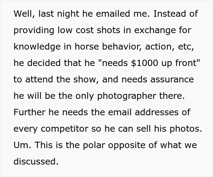 Photographer Thinks He&rsquo;s Entitled To $1000 And Free Specialized Training, Gets Reality Check