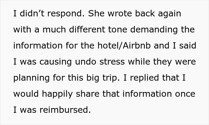 Text excerpt showing a woman dealing with ex-BF and family demanding trip details for Hawaii vacation she paid for.