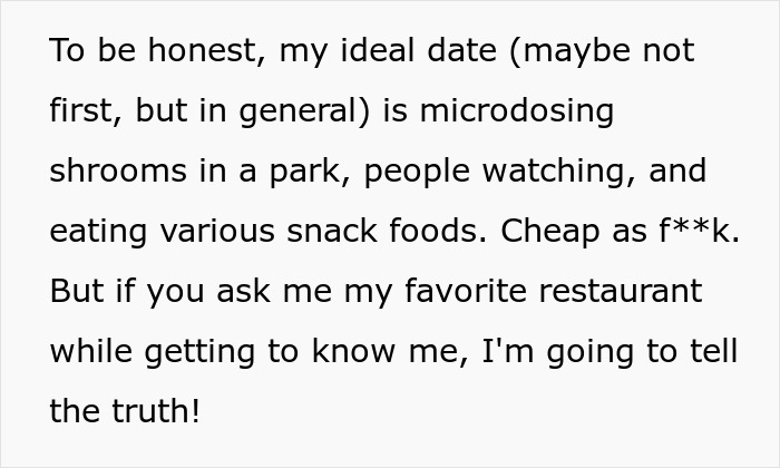 Text about ideal date involving microdosing, people watching, and snack foods, highlighting unusual first date behavior.