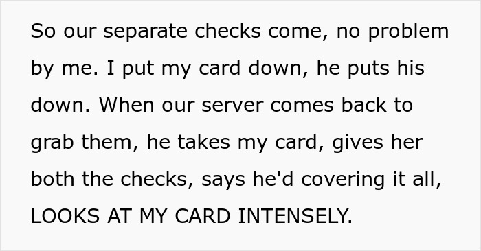 Text excerpt describing a man acting strange during a first date, causing the woman to think he tested her.