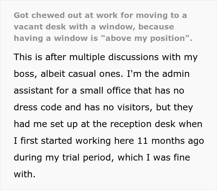 Worker Realizes How Lowly They’re Regarded After Getting Humiliated Over A Better Office Desk Worker Realizes How Lowly They’re Regarded After Getting Humiliated Over A Better Office Desk
