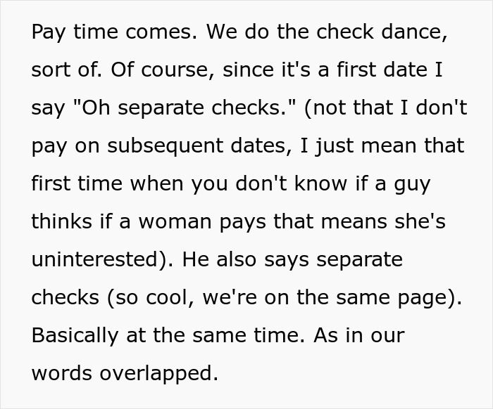 Text excerpt showing a man acting strange on a first date, leading the woman to think he tested her and blocked him.