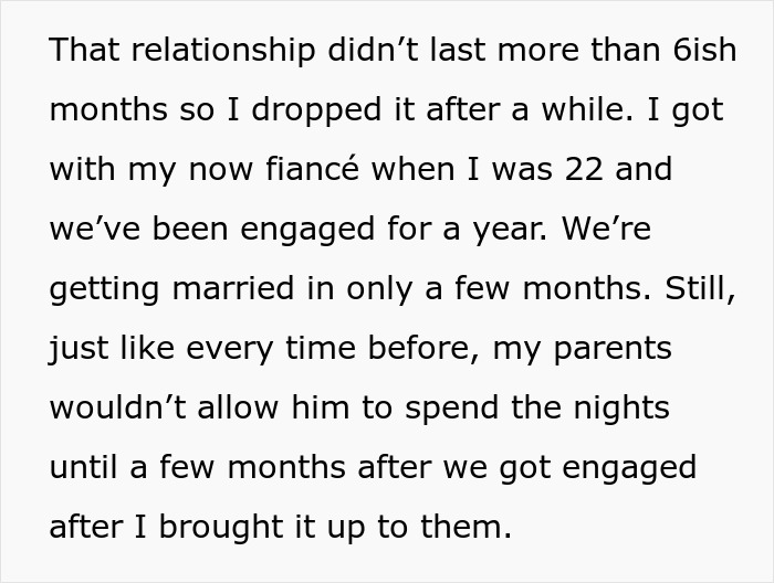 Woman Holds Her Parents To Their Own Standards After They Won’t Let Her Share A Bed With Fiancé Woman Holds Her Parents To Their Own Standards After They Won’t Let Her Share A Bed With Fiancé