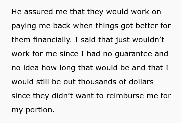 Text excerpt about ex-BF and his family refusing to reimburse a woman for a Hawaii trip she paid for herself.