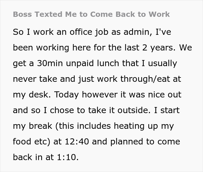 Employee Has Lunch Break At 12:40, It Renders The Boss Livid, Who Texts Them To Return