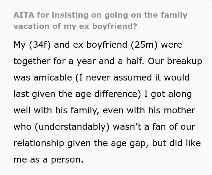 Text discussing a woman deciding whether to join her ex-boyfriend and his family on a paid Hawaii trip.