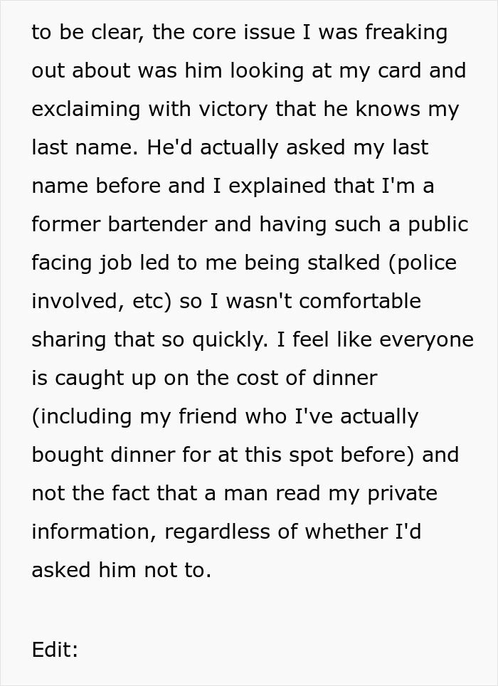 Text excerpt explaining discomfort over a man reading private information during a first date, causing the woman to block him.