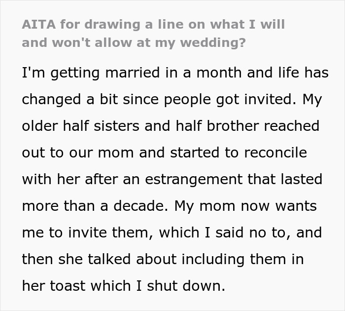 Bride Doesn&rsquo;t Want Her Estranged Siblings Mentioned At The Wedding, Mom Calls Her A Bridezilla