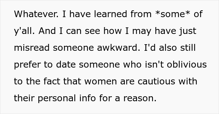 Text image showing a personal reflection about awkward behavior on a first date and cautiousness over sharing personal info.