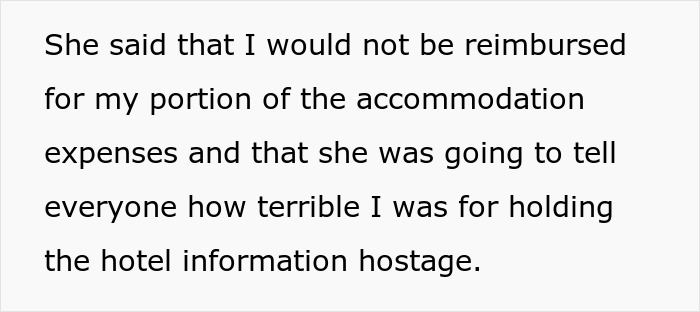 Text excerpt showing a dispute over accommodation expenses related to an ex-BF and Hawaii trip conflict.
