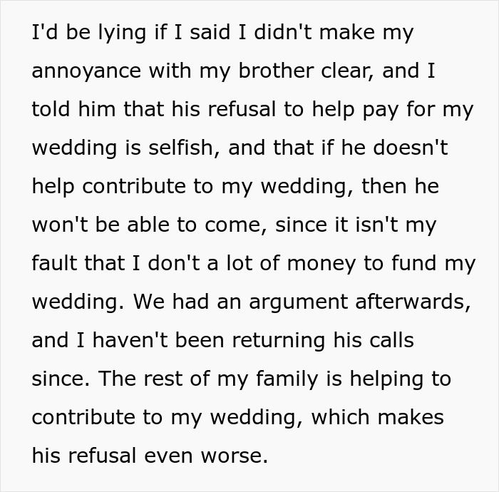 Arrogant Bride Slams Brother For Being Unwilling To Contribute $26K For Her 'Dream Wedding'