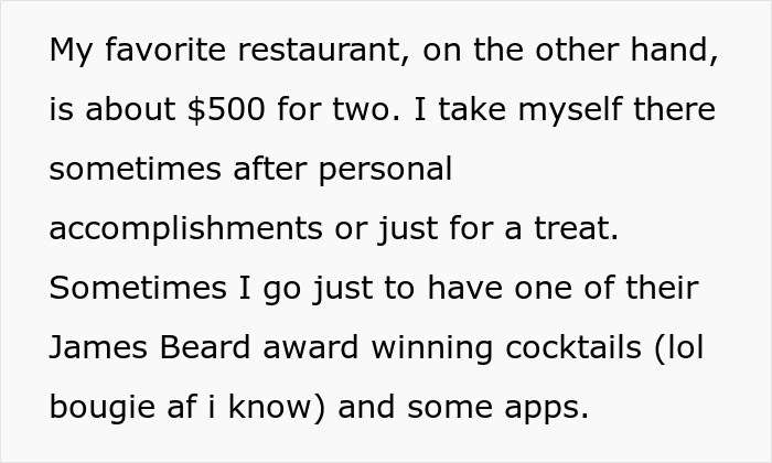 Text excerpt about a favorite restaurant and personal treats, unrelated to man acting strange on a first date.
