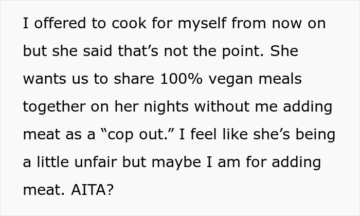 “AITA For Adding Meat To My Girlfriend’s Vegan Dishes?” “AITA For Adding Meat To My Girlfriend’s Vegan Dishes?”