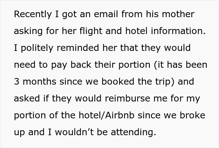 Email exchange showing woman asking ex-BF&rsquo;s family for reimbursement after breakup before Hawaii trip she paid for.