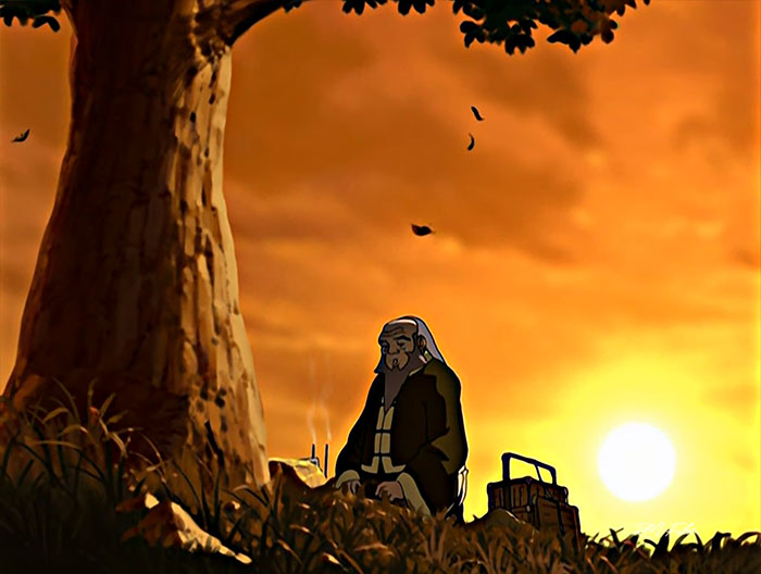 Uncle Iroh sitting peacefully under a tree at sunset representing Avatar The Last Airbender quotes in a calm moment.