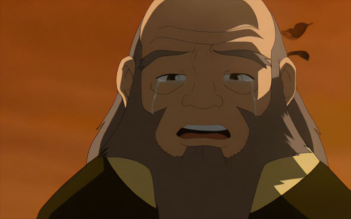Uncle Iroh crying with tears streaming down his face in a touching moment from Avatar The Last Airbender quotes.
