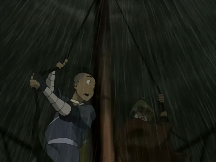 Sokka looking scared and holding ropes during a stormy night scene from Avatar The Last Airbender quotes.