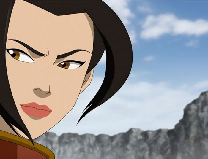 Azula from Avatar The Last Airbender looking behind her with a serious expression against a cloudy sky background.