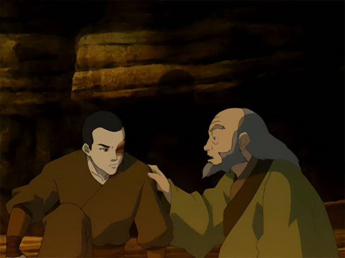 Uncle Iroh speaking with Zuko in a dimly lit cave scene from Avatar The Last Airbender quotes.