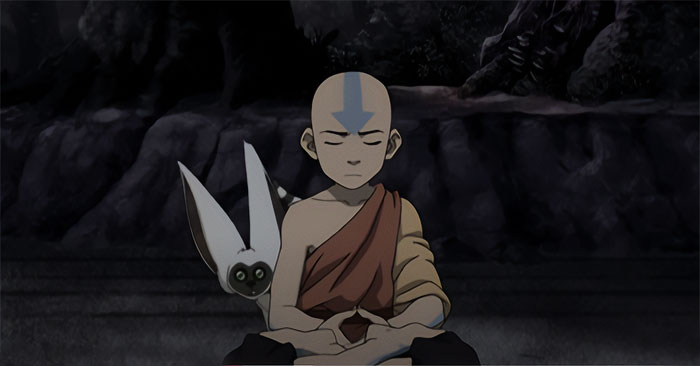 Aang meditating with Momo perched behind him, a peaceful moment from Avatar The Last Airbender quotes.