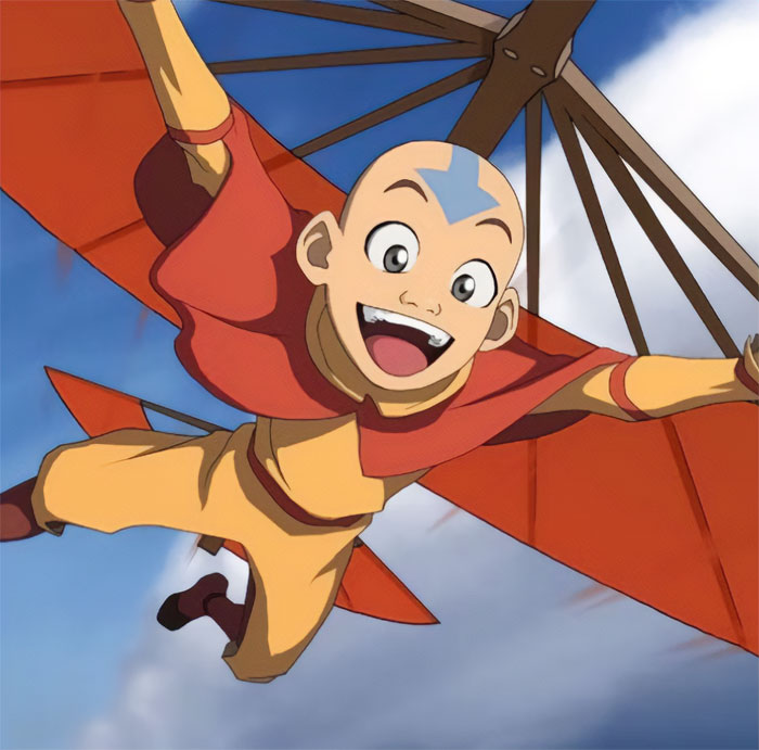 Aang flying with his glider, smiling in the sky, inspired by Avatar The Last Airbender quotes and moments.