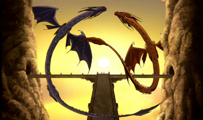 Dragon Spirit flying in the sky above a stone bridge at sunset, inspired by Avatar The Last Airbender quotes.