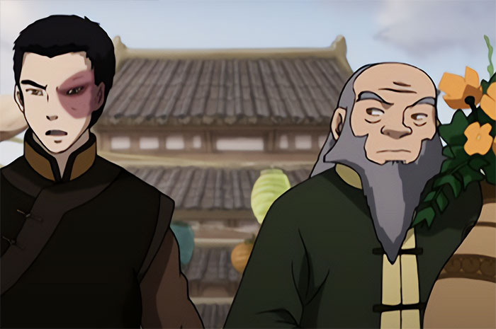 Uncle Iroh staring thoughtfully at Zuko in a traditional setting from Avatar The Last Airbender quotes scene.