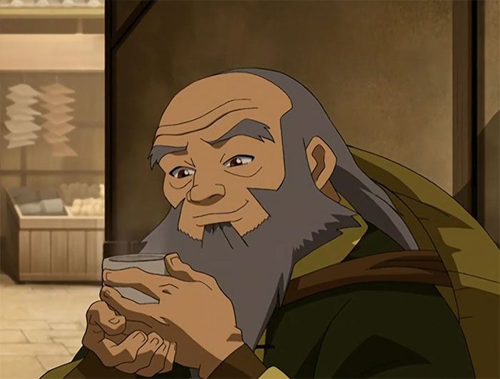 Uncle Iroh from Avatar The Last Airbender calmly drinking tea, reflecting the show's legendary quotes and wisdom.
