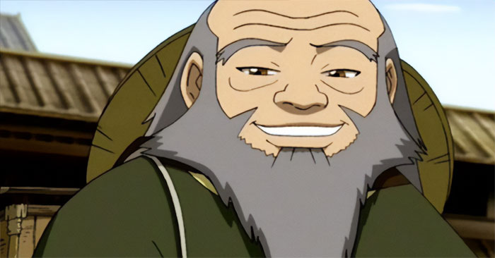 Uncle Iroh from Avatar The Last Airbender smiling warmly in an outdoor setting from the animated series.